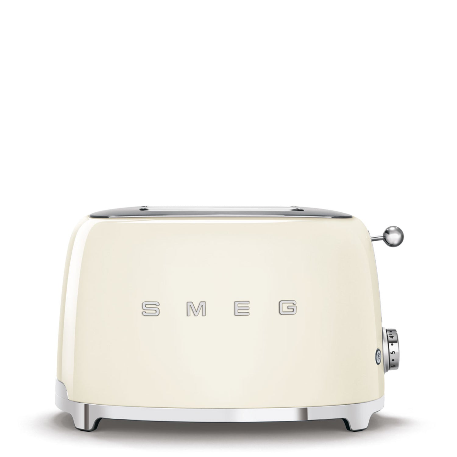 Tostadora SMEG blanca frontal, diseño retro y eficiente para cocina moderna